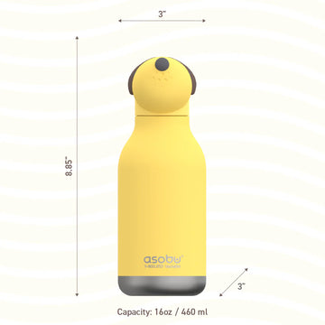 Doggie Bestie Bottle | Asobu - Yellow Asobu Doggie Bestie Bottle with black dog ear cap, 16oz handmade Canadian gift design.