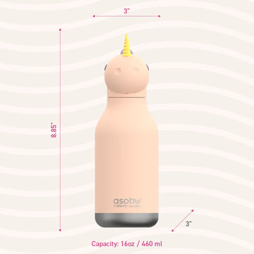 Unicorn Bestie Bottle | Asobu - Pink unicorn-shaped bottle with yellow horn, handmade Canadian design, unique gift option.