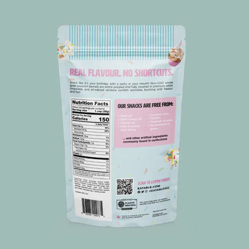Birthday Cake Pops - Gourmet Popcorn (Eatable) - Back of Canadian handmade Birthday Cake Pops gourmet popcorn bag with nutritional facts and floral accents.