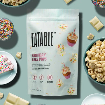 Birthday Cake Pops - Gourmet Popcorn (Eatable) - Eatable Birthday Cake Pops gourmet popcorn bag with sprinkles and white chocolate chunks, unique handmade Canadian gift.