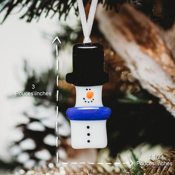 Glass Snowman Ornament - Handmade Canadian glass snowman ornament with black top hat and blue scarf, unique Christmas gift.