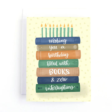 Book Birthday Card - Handmade Canadian birthday card featuring stacked books with lit candles and birthday message, unique gift design.