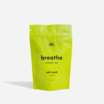 Breathe Bath Salt Soak - Bright lime green resealable pouch of handmade Breathe Bath Salt Soak, unique Canadian spa gift.