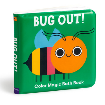 Bug Out! Colour Magic Bath Book - Bright green Bug Out! Color Magic Bath Book with a smiling orange and black striped bug, handmade Canadian baby gift.