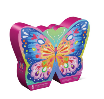 36 PC Puzzle: Butterfly Garden - Butterfly-shaped box with colorful butterfly puzzle, unique handmade Canadian gift.