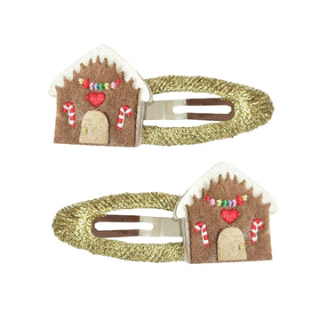 Gingerbread House Clips - Handmade Canadian gingerbread house clips with gold glitter snap closures, unique Christmas gift accessory.