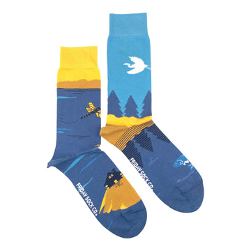 Men's Socks | Canadian Landscape | Great Lakes | Mismatched - Mismatched handmade men's socks with Canadian Great Lakes landscape, unique gift design.