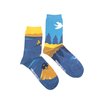 Women's Socks | Canadian Landscape | Great Lakes | Mismatched - Mismatched handmade socks featuring Canadian Great Lakes scene with blue, yellow, and forest motifs, unique gift.