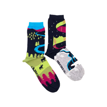 Women's Socks | Canadian Landscape | North Canada | Mismatched - Mismatched handmade Canadian landscape socks with vibrant nature and night sky designs, unique gift.
