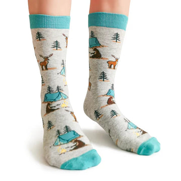 Women's Camping Queen Socks - Handmade Canadian women's camping socks with teal accents, featuring tents, deer, and trees, unique gift idea.