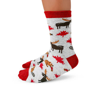 Kids Canadian Kid Socks - White kids socks with red toes and cuffs, featuring handmade Canadian moose and maple leaf patterns, unique gift idea.