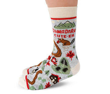 Women's Canadian Cute Socks - Handmade Canadian-themed socks in cream with maple leaves, beaver, mountains, and cabin, unique gift idea.