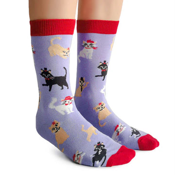 Women's Cats in Hats Socks - Purple socks with red cuffs, heels, and toes featuring unique handmade Canadian cats wearing hats, perfect gift.