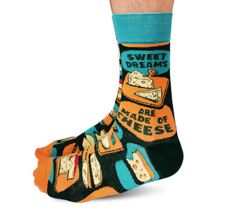 Men's Cheese Dreams Socks - Men's unique handmade Canadian socks with cheese and mouse design, perfect gift for Father's Day.
