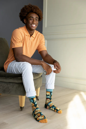 Men's Cheese Dreams Socks - Men's unique handmade Canadian socks with colorful cheese sandwich pattern, styled as a gift idea.