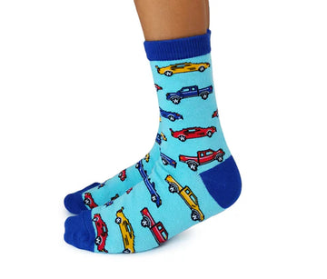 Kids Cool Cars Socks - Blue kids sock with colorful vintage car patterns, handmade Canadian gift by Uptown Sox.