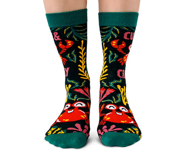 Women's Cute and Crabby Socks - Colorful handmade women's socks with red crabs and green leafy patterns, unique Canadian gift design.