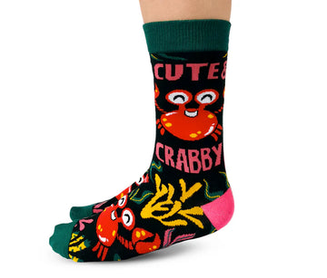 Women's Cute and Crabby Socks - Handmade Canadian women's socks with green cuff and toe, pink heel, and cute crab design, unique gift idea.