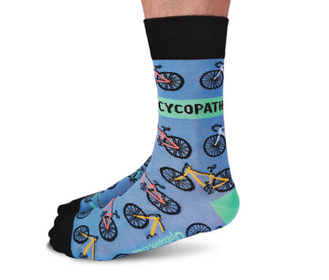Men's Cycopath Socks - Men’s handmade Canadian socks with colorful bicycle pattern, black cuff, toes, and green heel, unique gift.