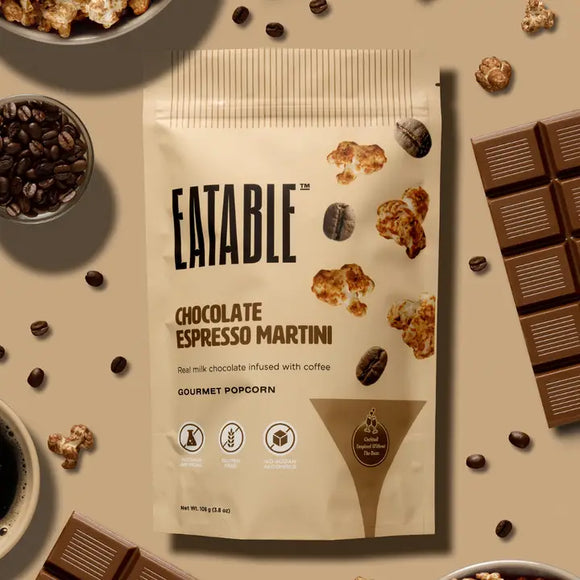Chocolate Espresso Martini - Gourmet Popcorn (Eatable) - Chocolate Espresso Martini gourmet popcorn in beige Canadian handmade gift pouch with coffee beans and chocolate pieces.