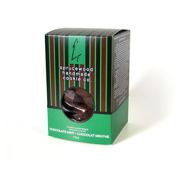 Chocolate Mint Shortbread Cookies | Sprucewood Handmade Cookie Co - Green and brown striped box with window showing dark chocolate mint shortbread cookies, unique Canadian handmade gift.
