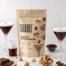 Chocolate Espresso Martini - Gourmet Popcorn (Eatable) - Beige matte pouch of Chocolate Espresso Martini gourmet popcorn with coffee bean and popcorn illustrations, flanked by two.
