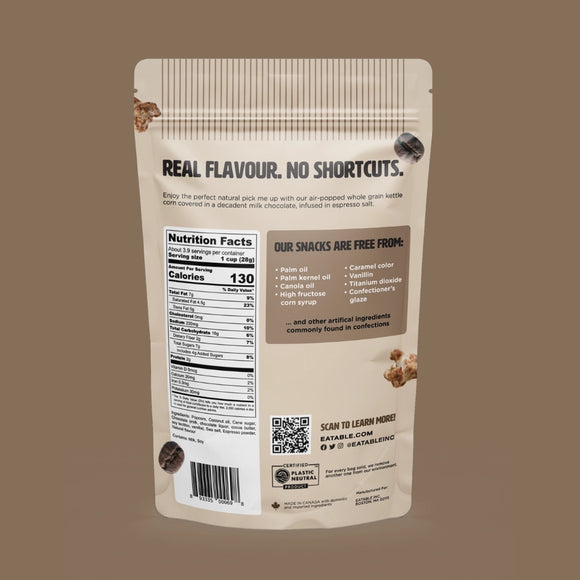 Chocolate Espresso Martini - Gourmet Popcorn (Eatable) - Beige resealable pouch of handmade Canadian Chocolate Espresso Martini gourmet popcorn, unique gift packaging.