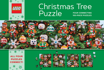 LEGO Christmas Tree Puzzle - Colorful LEGO Christmas Tree Puzzle box featuring four unique 100-piece handmade Canadian festive puzzles perfect as a gift.