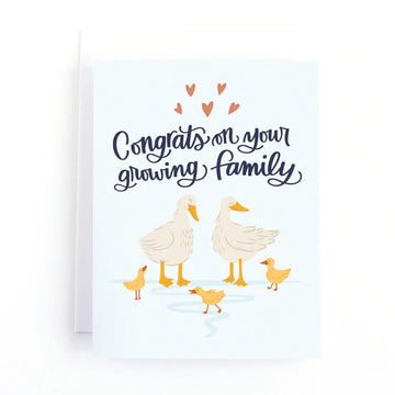 Duckling New Baby Card - Handmade Canadian greeting card with illustrated duck family and "Congrats on your growing family" text, unique new baby gift.
