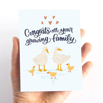 Duckling New Baby Card - Handmade Canadian new baby card featuring a duck family illustration and handwritten congrats text, unique gift design.