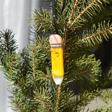 Teacher Pencil Ornament - Handmade Canadian Christmas ornament shaped like a smiling pencil with an eraser cap, unique gift idea.