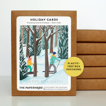 Box of 8 Holiday Cross Country Cards | The Paperhood - Box of 8 handmade Canadian holiday cards featuring unique winter cross-country skiing scene in eco-friendly packaging.