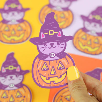 Pumpkin Witch Kitty Vinyl Sticker