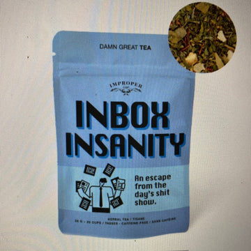 Inbox Insanity Tea - Blue resealable pouch of Inbox Insanity tea with bold black text and cartoon inbox graphic, unique Canadian handmade gift.