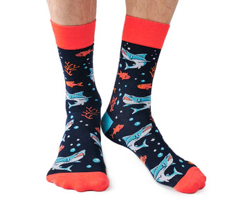 Men's Daddy Shark Socks - Men's handmade Canadian socks with playful daddy shark and crab pattern, red heel and cuff, unique gift.