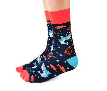 Men's Daddy Shark Socks - Men’s handmade Canadian socks with colorful daddy shark and coral design, unique gift idea.