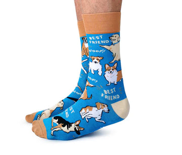 Men's Dog Parent Socks - Blue men's socks with playful dog illustrations, tan heels and toes, unique handmade Canadian gift.