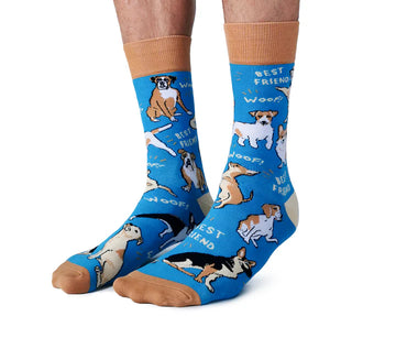 Men's Dog Parent Socks - Blue and brown handmade Canadian men's socks with dog illustrations and "Best Friends Woof" text, unique gift design.