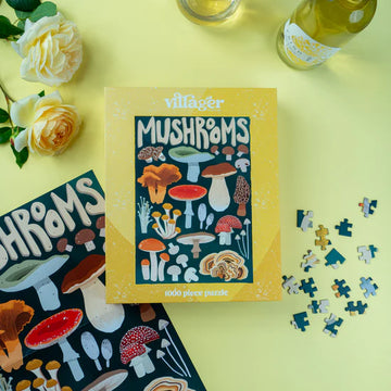 Villager Puzzles | Mushroom Forager | 1000-Piece Puzzle for Adults - Villager Puzzles Mushroom Forager 1000-piece handmade Canadian puzzle with colorful mushroom illustrations, unique gift.