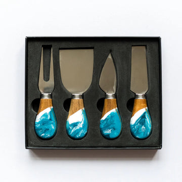 Lynn & Liana Resin Coated Cheese Knife Set - Handmade Canadian cheese knife set with resin-coated blue and wood handles, unique gift design.