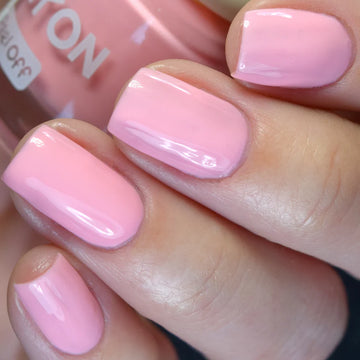 Peel Off Nail Polish | Suyon - Soft shimmer pink peel-off nail polish on short nails, unique handmade Canadian gift for kids.