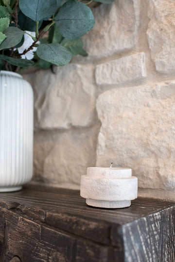 Lynn & Liana Tea Light Holder - Round white limestone tea light holder with a textured fluted design, handmade in Canada.