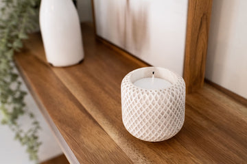 Lynn & Liana Limestone Lattice Holder - White limestone candle holder with lattice pattern, round shape, handmade Canadian gift.