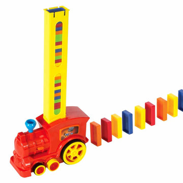 Domino Train - Red and yellow handmade wooden domino train with colorful domino pieces, unique Canadian gift toy.