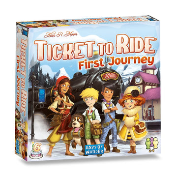 Ticket to Ride - First Journey (Europe) - Ticket to Ride First Journey Europe board game box with colorful kid characters, unique family gift, handmade Canadian design.