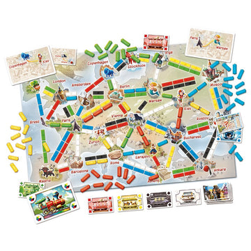 Ticket to Ride - First Journey (Europe) - Ticket to Ride First Journey Europe board game with colorful wooden train pieces, handmade and unique gift from Canada.