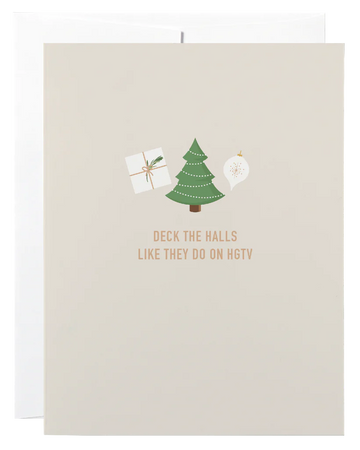 HGTV Card - Minimalist Christmas card with green tree and gift illustration, handmade Canadian festive gift.