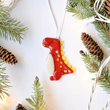 Dinosaur Ornament - Handmade red ceramic dinosaur ornament with yellow spots, unique Canadian gift for Christmas decor.