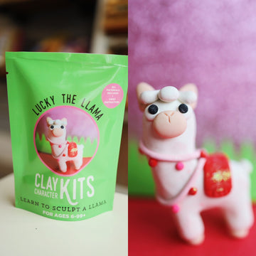 Clay Character Kits - Bright green resealable pouch with pink and white llama clay figure, designed for crafting and sculpting kits for kids and.