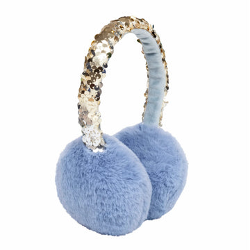 Shimmer Sequin Earmuffs - Blue plush earmuffs with gold sequined headband, handmade Canadian winter accessory gift.
